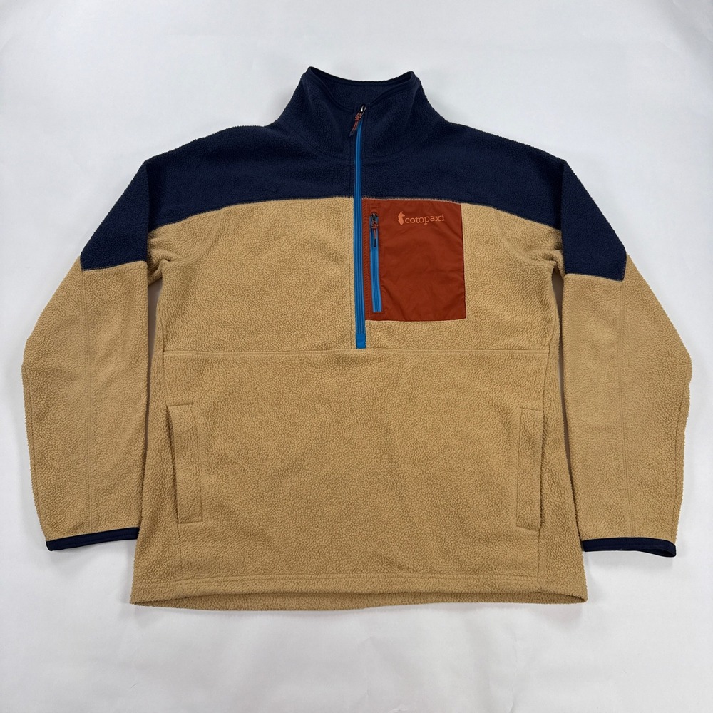 Cotopaxi Mens Fleece Pullover Medium Tan Navy Teca Colorblock Half Zip Outdoor